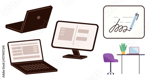 Laptops, desktop monitor with interface, digital signature pad, desk with chair and plant. Ideal for technology, remote work, productivity, office trends, design concepts business workflow simple