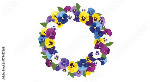A colorful wreath of pansy flowers in various shades of purple, yellow, blue, and white against a white background.