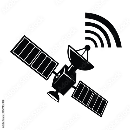 Black silhouette icon of a communication satellite with solar panels broadcasting a signal via its parabolic dish.