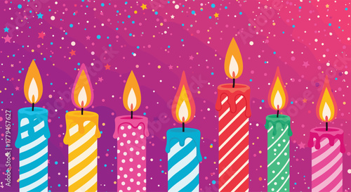 Several lit birthday candles with colorful flames on a purple background with confetti.