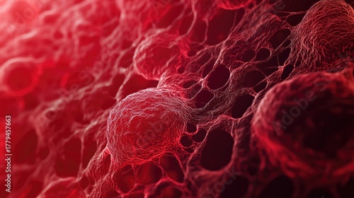 Abstract biological close-up showing red tissue or small cell structure under microscope.
