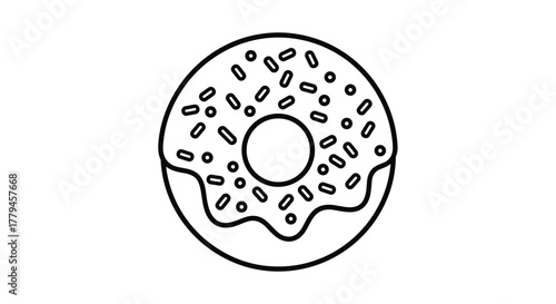 Simple line art illustration of a glazed donut with sprinkles, perfect for food-related designs.