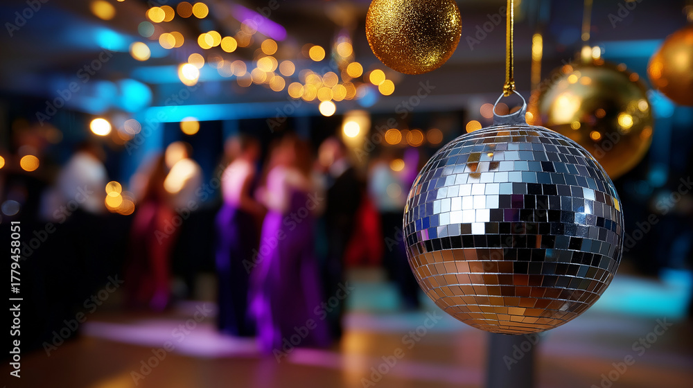 Obraz premium Defocused lights reflecting off metallic decorations and blurred silhouettes of dancing guests, vibrant New Year atmosphere, with copy space.