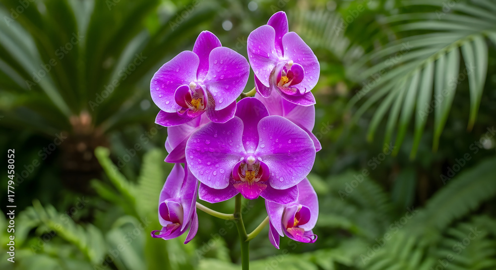 Fototapeta premium Close-up of a purple orchid with vivid color and elegant petals captured in natural light.