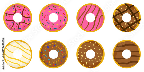 Delicious sugar and chocolate glazed ring donuts sprinkled with colorful cookie crumbs, isolated on a white background, creating a delicious dessert atmos