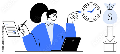 Businesswoman multitasking with a laptop, paper, clock, and symbols of savings and goals. Ideal for time management, productivity, financial planning, entrepreneurship, deadlines business strategy