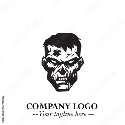 Head of Zombie Logo Symbol in Black on the White Background with Horror Minimal Vector Design