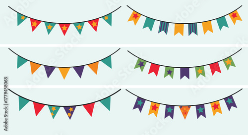 Colorful bunting flags strung across a light blue background for celebrations.