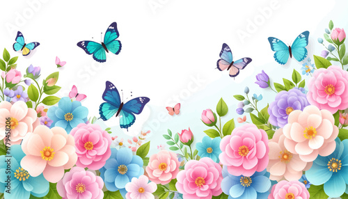 Colorful butterflies dancing over spring flowers. Bright floral border with flying butterflies. Lovely garden blossoms with vivid butterflies. Soft pastel flowers and butterflies in bloom