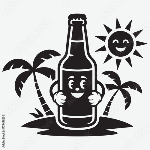 Cartoon Beer Bottle Character on Tropical Island with Sun and Palm Trees