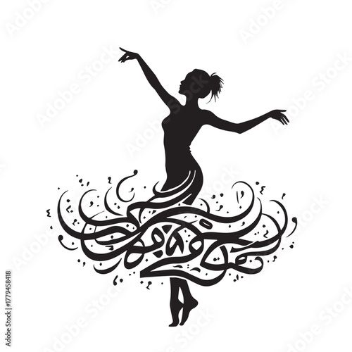 Elegant silhouette of a ballerina dancing gracefully with a swirling skirt of musical notes and arabic calligraphy