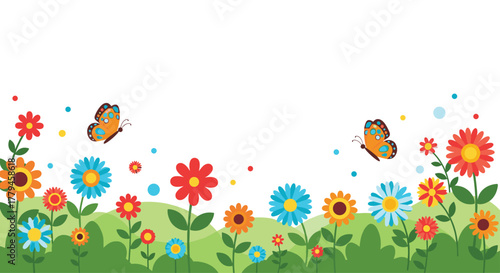 Colorful cartoon flowers and butterflies in a meadow with green rolling hills.