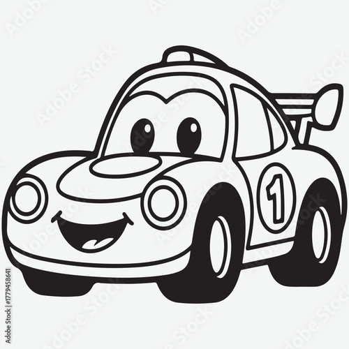 Cute cartoon race car with number 1, black and white outline illustration