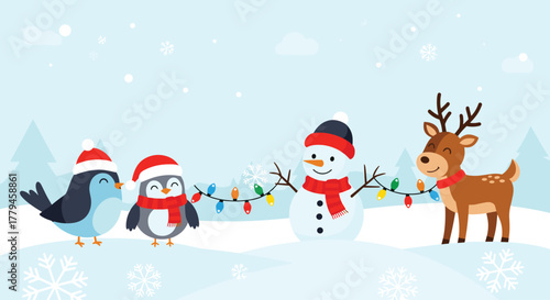 Cute Christmas characters, a bird, two penguins, a snowman and a reindeer, decorating with festive lights.