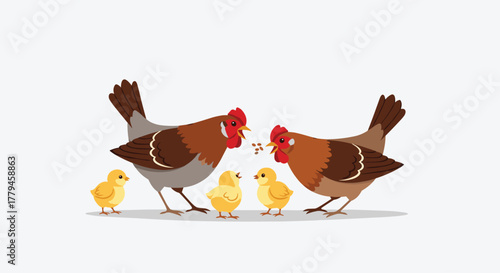 Cartoon illustration of two adult chickens feeding seeds to two small chicks with a white background.