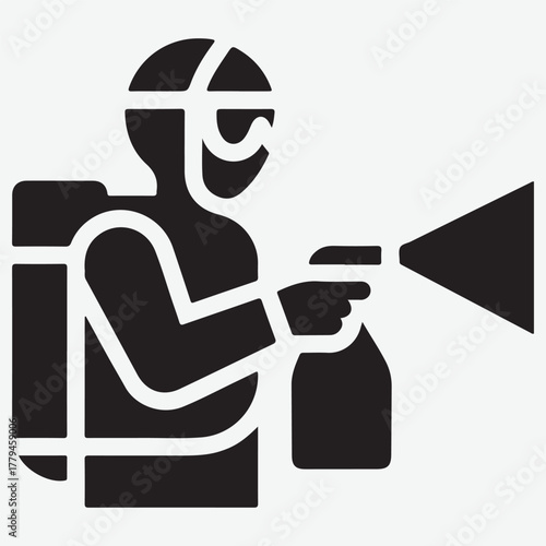 Icon of a person in protective gear spraying disinfectant from a backpack sprayer