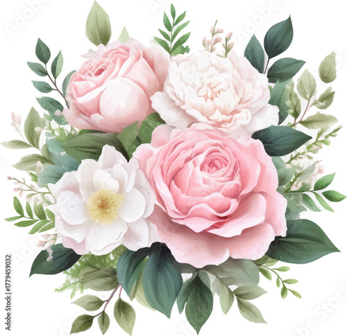 Realistic peony rose bouquet in soft tones. Elegant floral cluster with lush greenery. Romantic bouquet with pink and white blooms. Lush peonies and roses botanical artwork