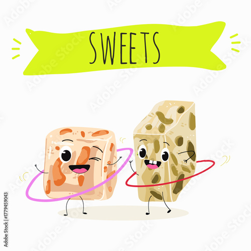 Tasty nougat, turkish delight, Halva confection, funny characters, hand drawn vector illustration.