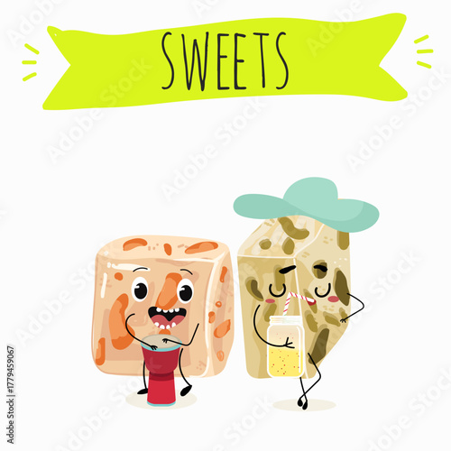 Tasty nougat, turkish delight, Halva confection, funny characters, hand drawn vector illustration.
