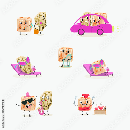 Tasty nougat, turkish delight, Halva confection, funny characters, hand drawn vector illustration.