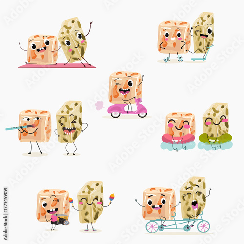 Tasty nougat, turkish delight, Halva confection, funny characters, hand drawn vector illustration.