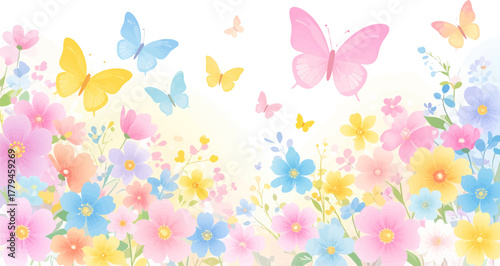 Soft pastel butterflies over spring flowers. Gentle floral wallpaper with butterflies. Colorful butterfly garden in pastel tones. Blooming pastel meadow with butterflies