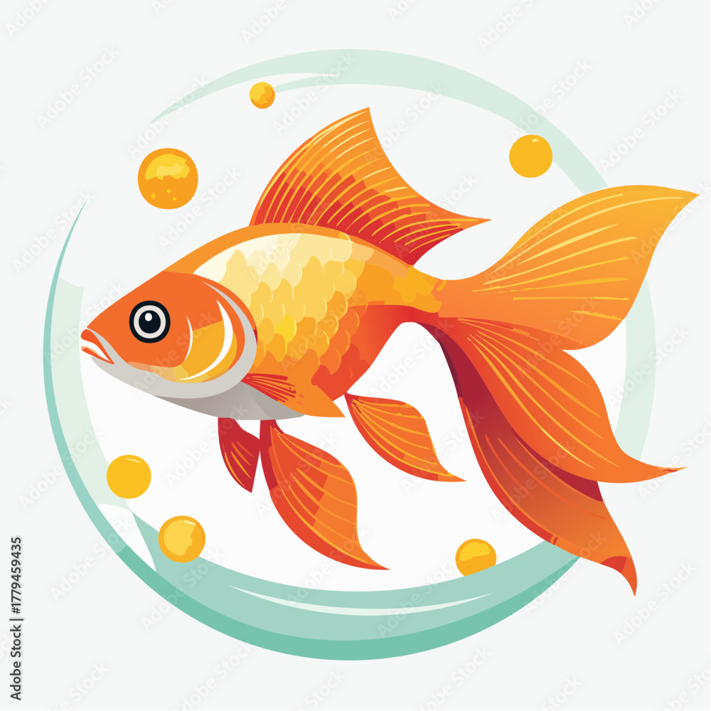 Naklejka premium A vibrant illustration of a single, bright orange goldfish swimming gracefully within a circular, aqua-colored border, surrounded by small, golden bubbles.