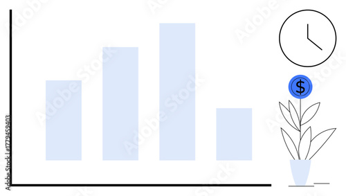 Bar chart with varying heights, potted plant symbolizing financial growth, and clock implying time management. Ideal for finance, business growth, investment, strategy, time management, productivity