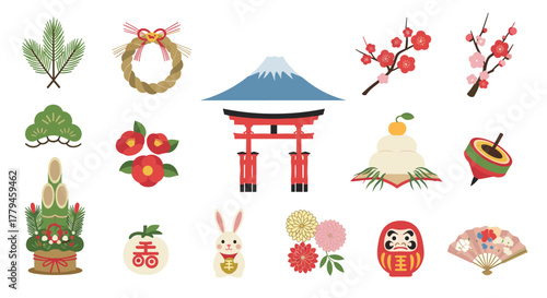 Collection of traditional Japanese New Year decorations and symbols for festive celebrations.