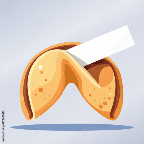 A cartoon illustration of a golden fortune cookie with a blank white message slip emerging from its crack.