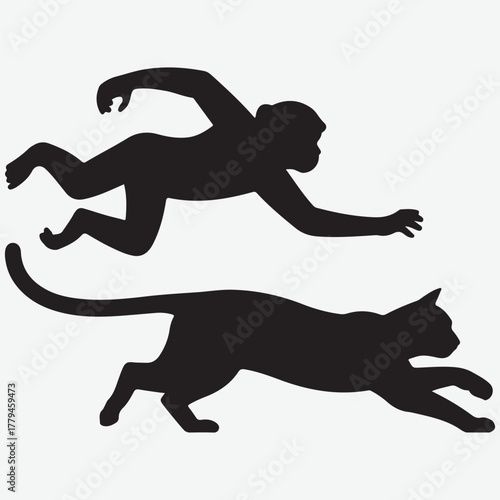 Silhouette of a monkey chasing a cat in motion