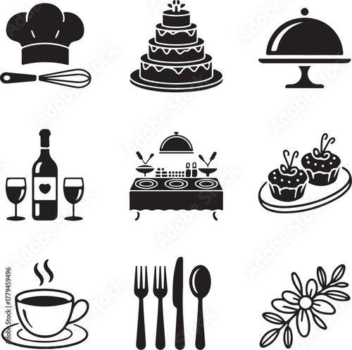 Nine Detailed Event Catering Icons with Transparent Background food