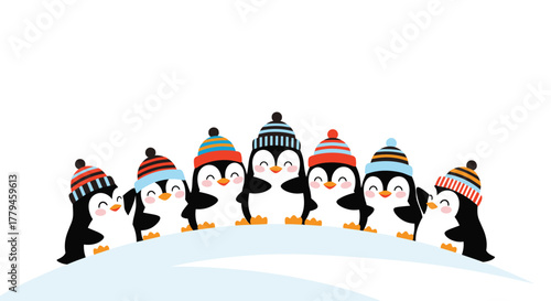 Cute cartoon penguins wearing colorful winter hats standing in the snow.