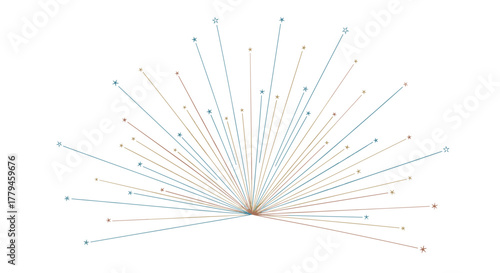 Abstract burst of blue and brown lines with starburst ends on a white background.
