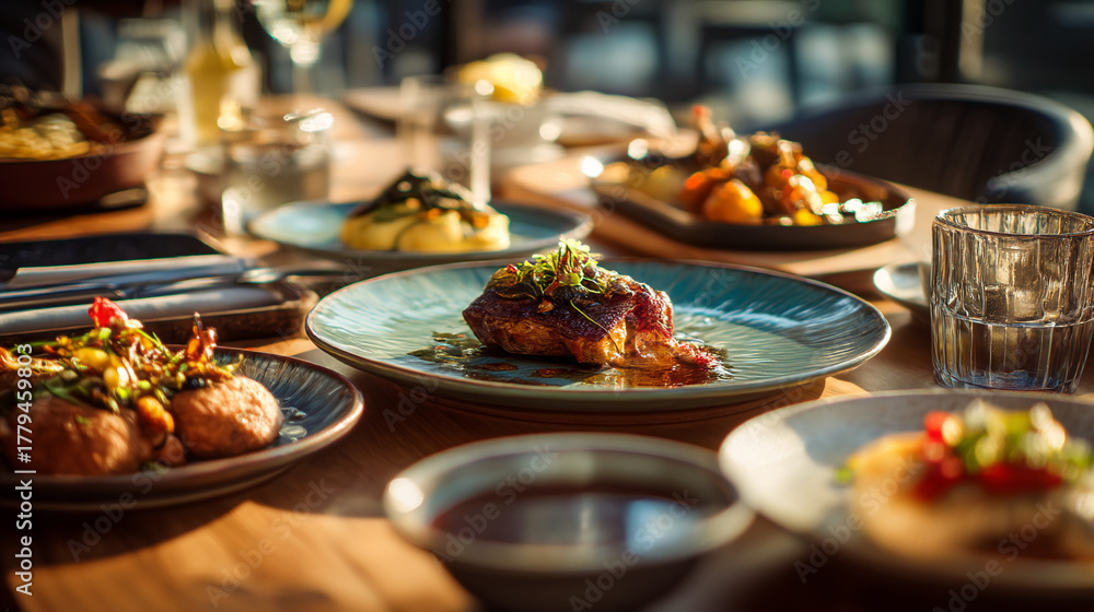 Obraz premium Close up of a table setting with various dishes and glasses of beverages