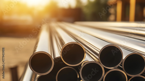 A collection of metallic pipes stacked, creating a visually engaging pattern with bright highlights. They gleam, reflecting soft, golden light, suggesting strength, industry, and construction.