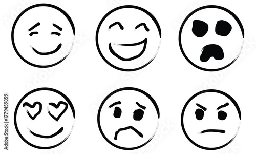Six Hand-Drawn Emoticons Expressing Various Emotions
