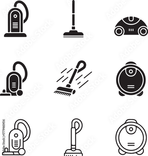 Set of Nine Minimalist Vacuum Cleaner Icons with Transparent Background collection cleaning
