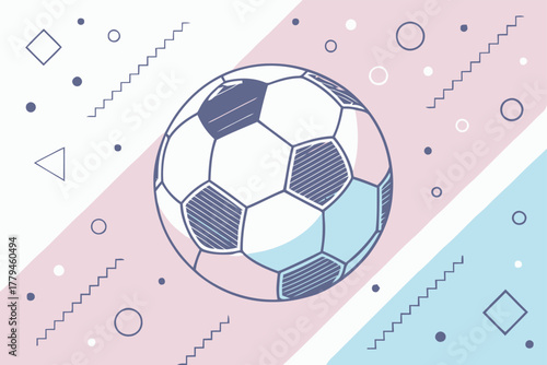 Vibrant flat design illustration of a soccer ball with abstract geometric shapes and a lively pastel background, ideal for sports-related graphics and modern conceptual projects