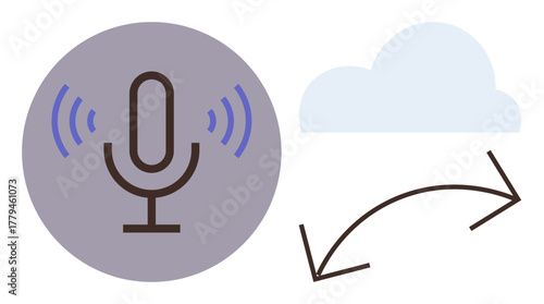 Stylized microphone emitting sound waves with cloud and bidirectional arrows. Ideal for cloud storage, voice recording, podcasting, communication, data syncing, collaboration, simple flat metaphor