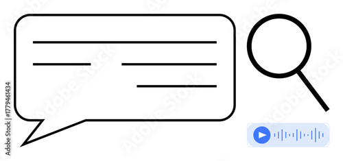 Speech bubble with text lines, magnifying glass, and audio play button. Ideal for communication, research, search, analysis, transcription, speech-to-text and accessibility in a simple flat metaphor
