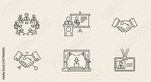 A set of business and conference icons, depicting meetings, presentations, handshakes, and professional identification in a clean and minimalist style