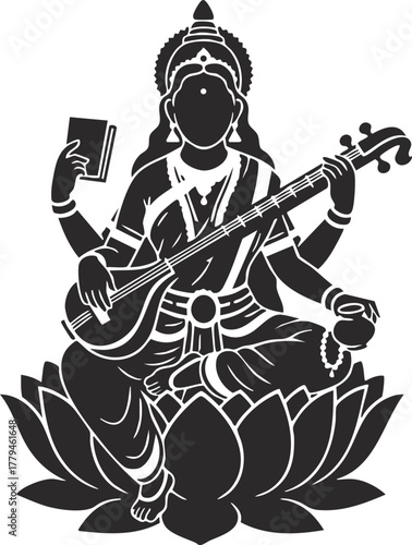 Indian goddess Saraswathi sitting on lotus and playing musical instrument veena