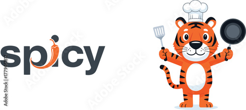 Cartoon tiger chef holding spatula and frying pan