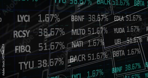 Displaying financial dashboard on screen, with stock tickers, percentages and wireframe rectangles