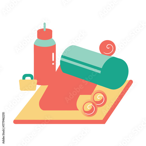 vector art of yoga mat with dumbbells and water  