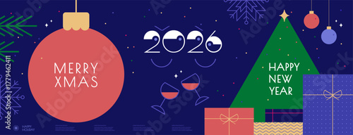 Merry Christmas and Happy New Year 2026 greeting banner. Trendy minimal cartoon comic style. Simple vector illustration. Geometric pattern and elements: fir tree, giftbox, ball wineglass, snowflake. 