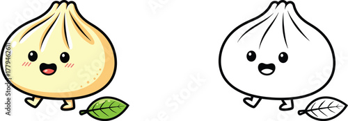 Cute cartoon dim sum dumpling character with a leaf