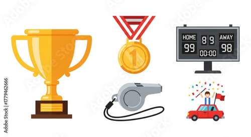A vibrant illustration showcasing a golden trophy, a firstplace medal, a digital scoreboard displaying the final score, a whistle, and a jubilant fan in a car