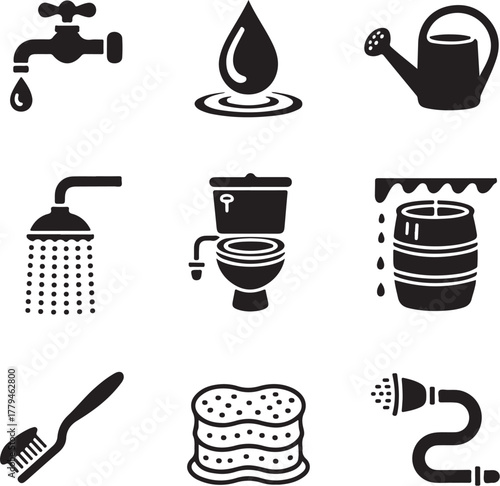 Set of nine detailed water saving icons with transparent background water conservation icon